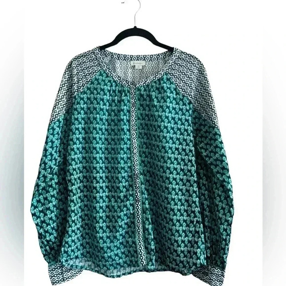 SUNDANCE Blouse Women's Size M Teal White Cotton Contrast Patterns Long Sleeve - Picture 3 of 13
